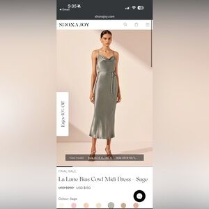 Shona Joy La Lune Bias Cowl Midi Dress, Sage, Sz US 10